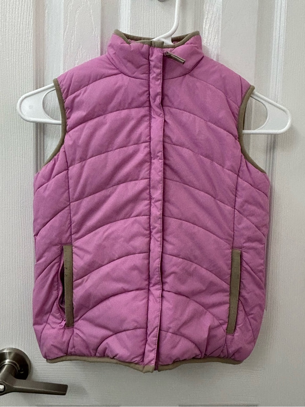 Lands End Girl’s Pink Quilted Puffer Vest with Tan Trim and Lining